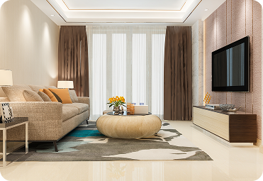 Modern home interior with sofa, curtains, and television